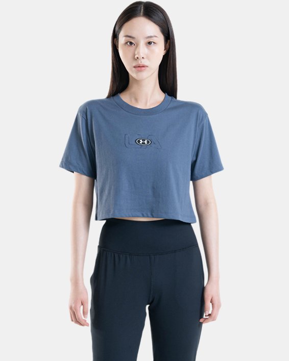 女士UA Branded Logo Crop短袖T恤 in Gray image number 0